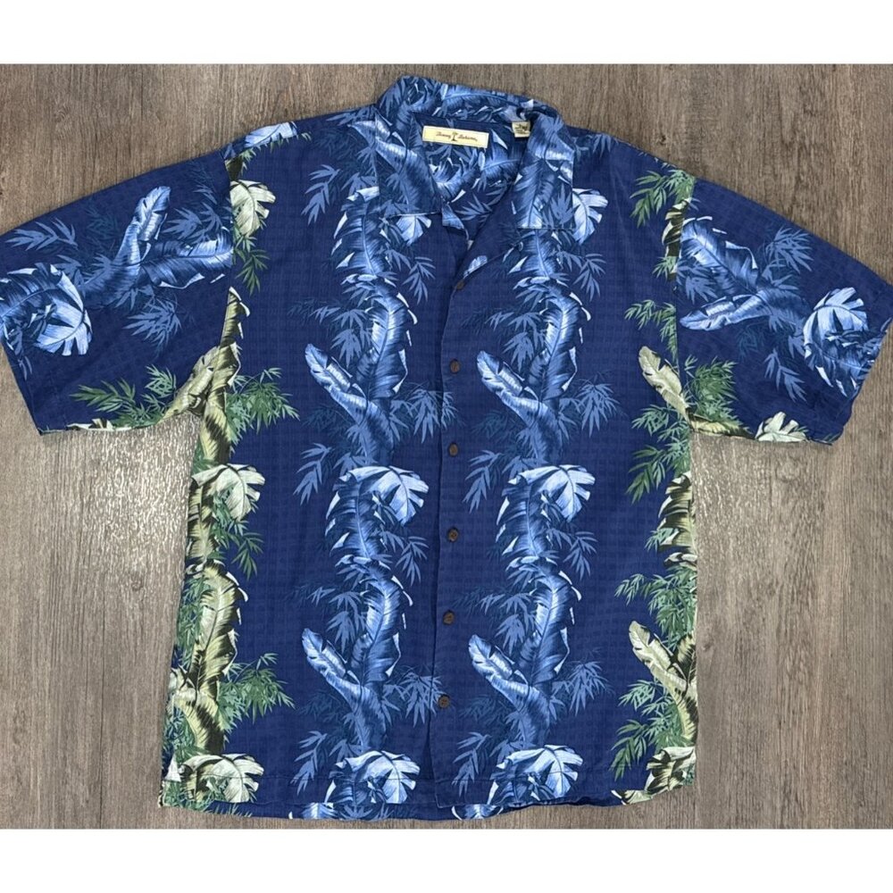 Tommy Bahama Button Up Shirt Mens L Blue 100% SILK Allover Print Beach Vacation